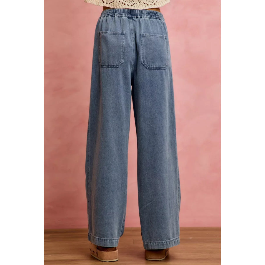 SO ME Mid Rise Ruffled Front Elastic Wide Leg Jeans Apparel and Accessories