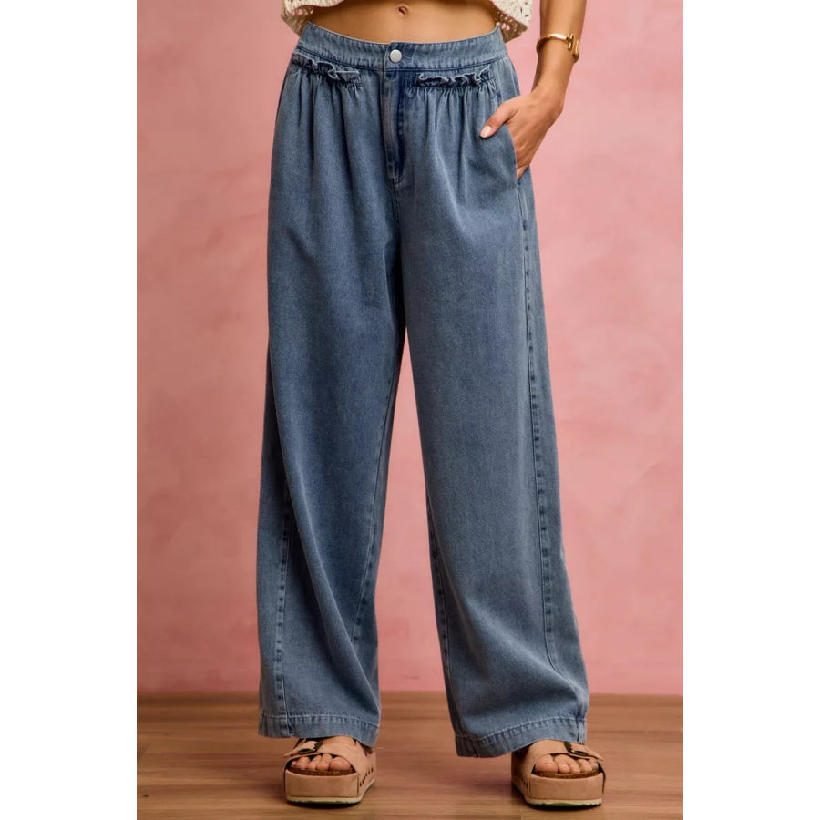 SO ME Mid Rise Ruffled Front Elastic Wide Leg Jeans Apparel and Accessories