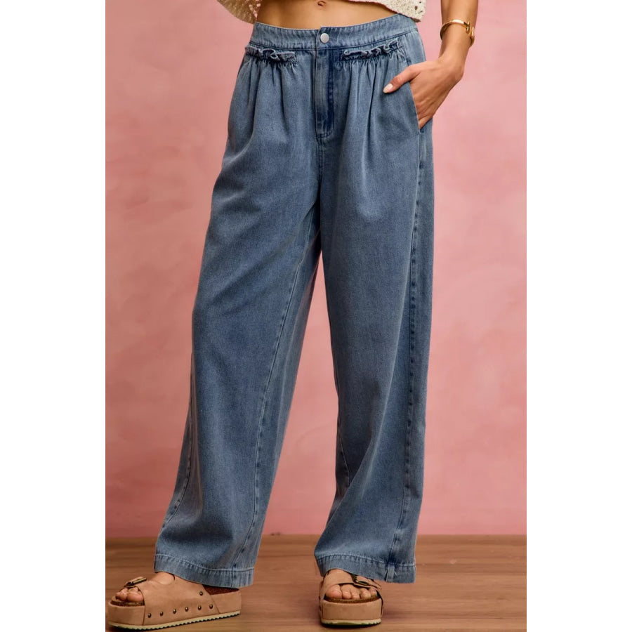 SO ME Mid Rise Ruffled Front Elastic Wide Leg Jeans Apparel and Accessories
