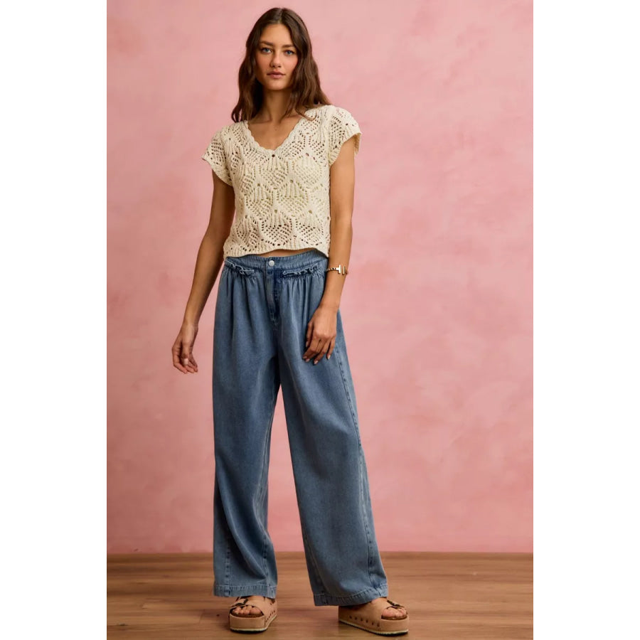 SO ME Mid Rise Ruffled Front Elastic Wide Leg Jeans Apparel and Accessories