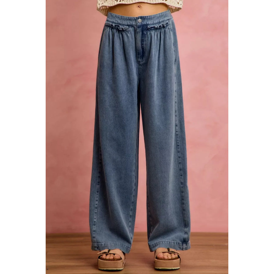 SO ME Mid Rise Ruffled Front Elastic Wide Leg Jeans DENIM / S Apparel and Accessories