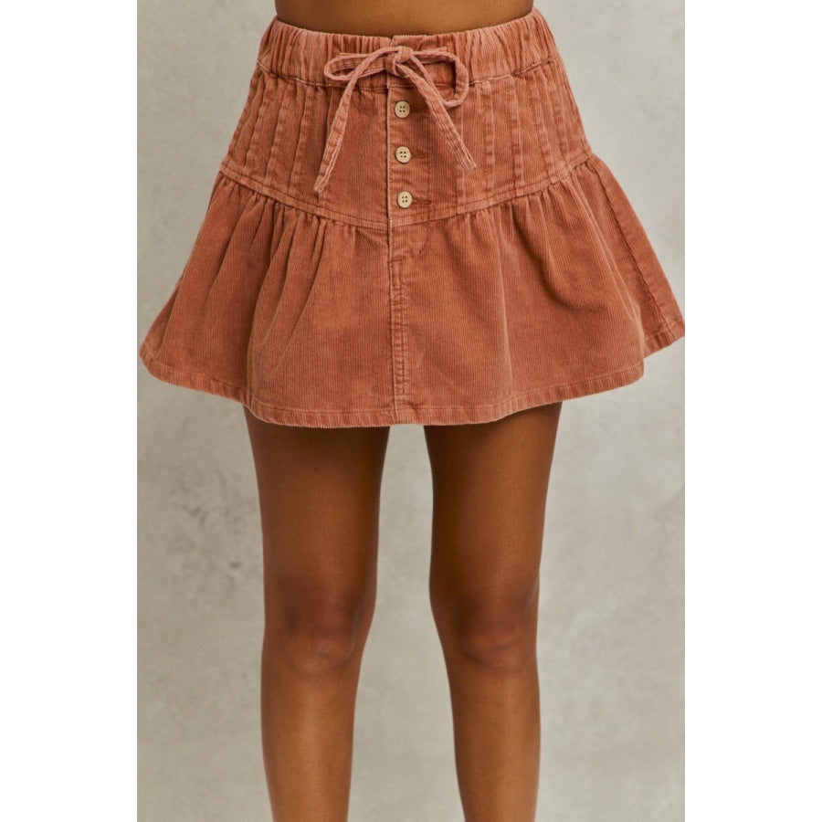 SO ME Mineral Wash Pintucked Corduroy Mini Flared Skirt Apparel and Accessories