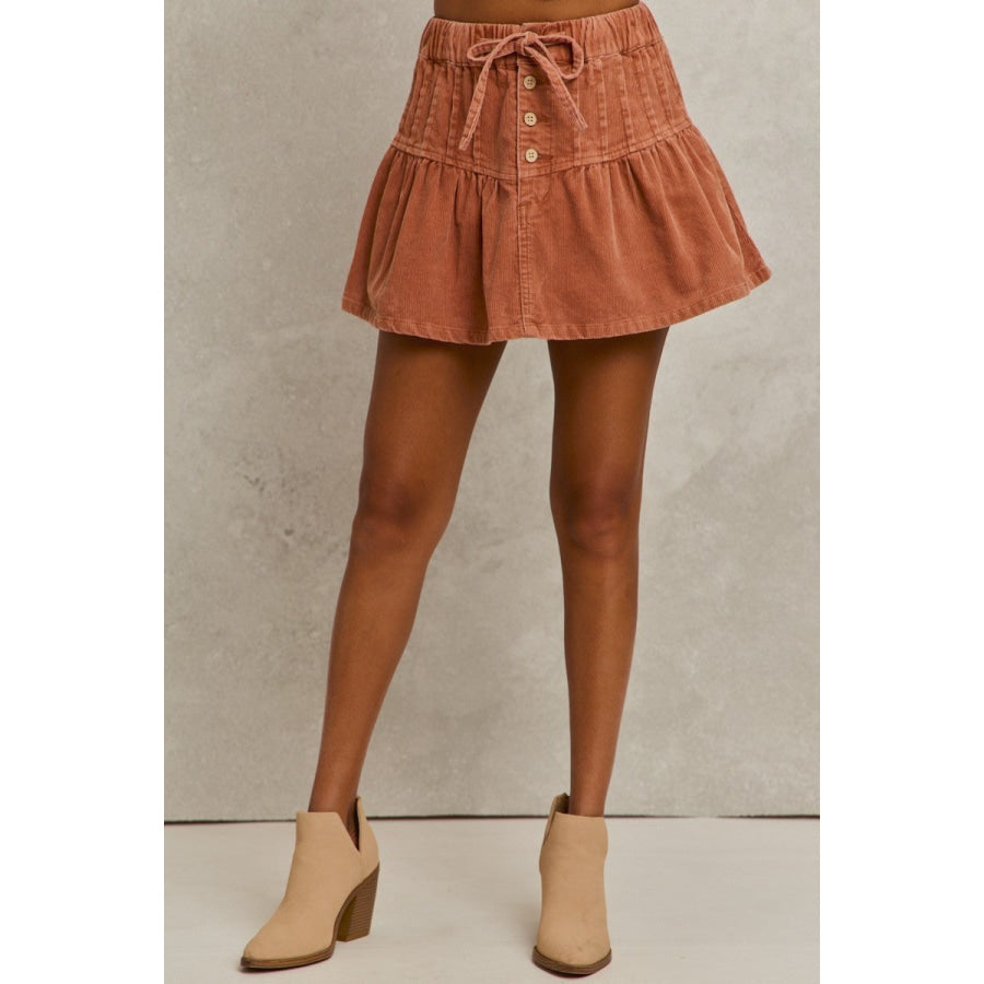 SO ME Mineral Wash Pintucked Corduroy Mini Flared Skirt Apparel and Accessories