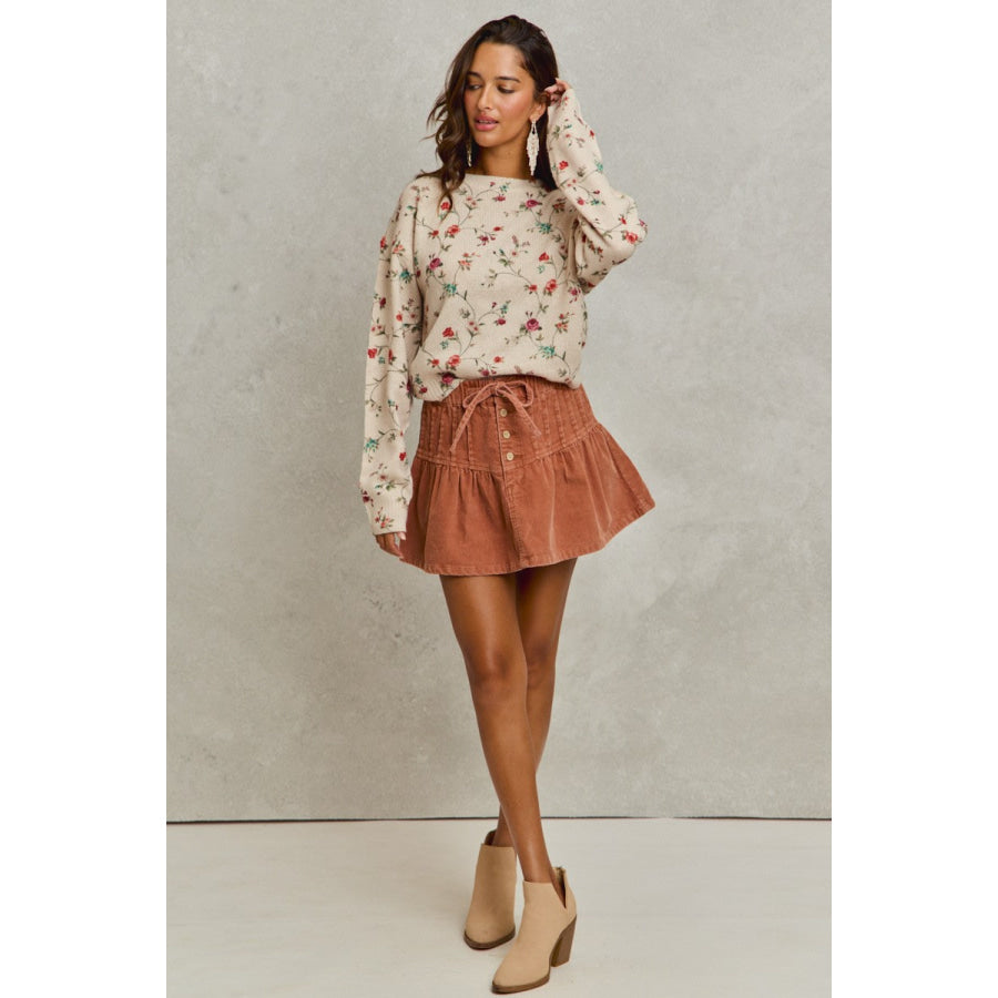 SO ME Mineral Wash Pintucked Corduroy Mini Flared Skirt Apparel and Accessories