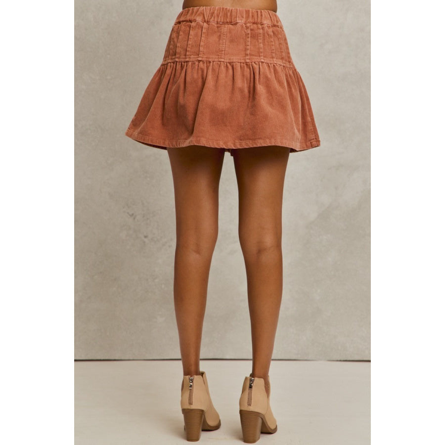 SO ME Mineral Wash Pintucked Corduroy Mini Flared Skirt Apparel and Accessories