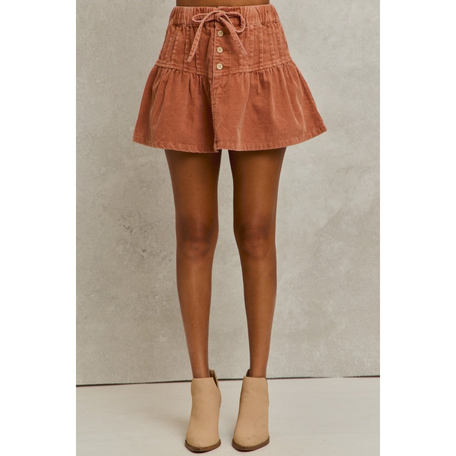 SO ME Mineral Wash Pintucked Corduroy Mini Flared Skirt Apparel and Accessories