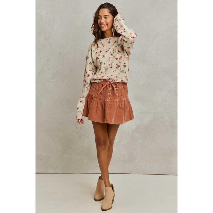 SO ME Mineral Wash Pintucked Corduroy Mini Flared Skirt Apparel and Accessories