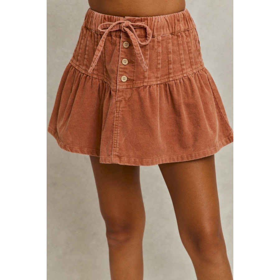 SO ME Mineral Wash Pintucked Corduroy Mini Flared Skirt RUST / S Apparel and Accessories