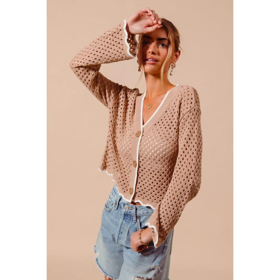 SO ME Open Knit Light Weight Sweater Cardigan With Contrast Wavy Scallop Edge Apparel and Accessories