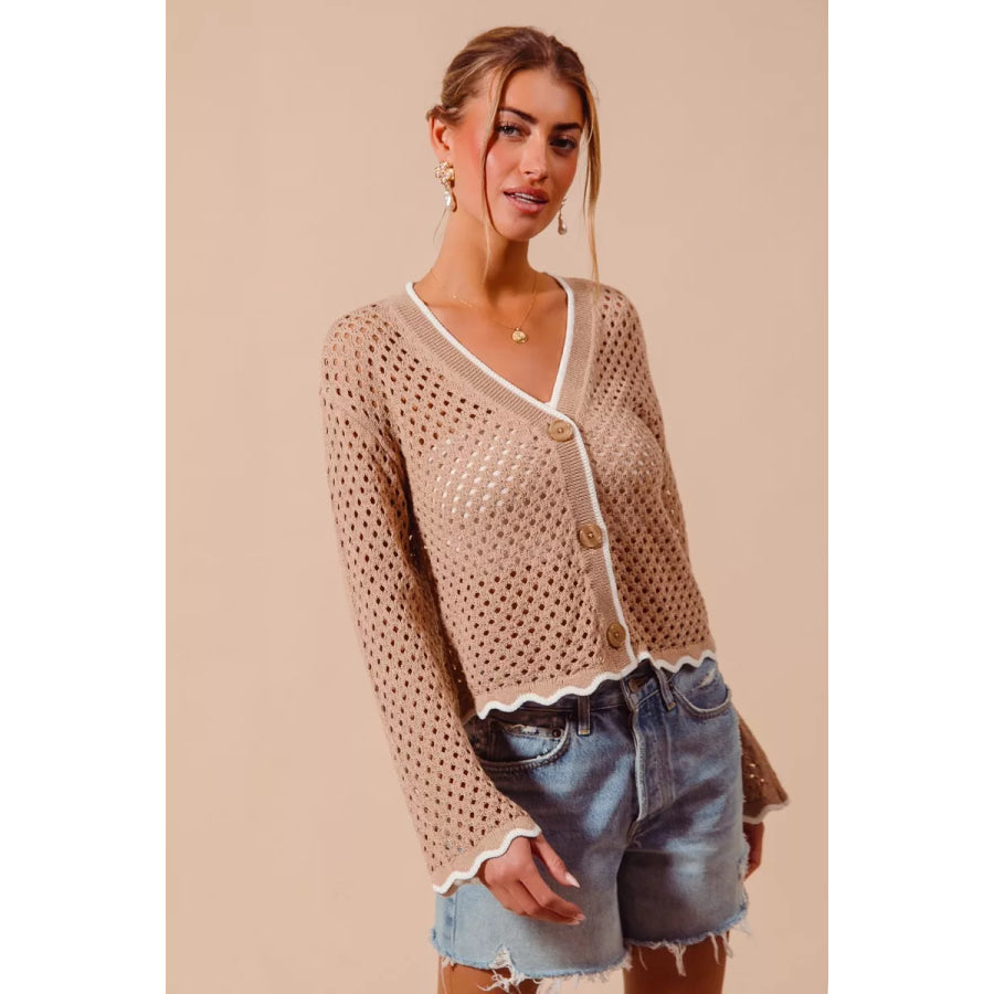 SO ME Open Knit Light Weight Sweater Cardigan With Contrast Wavy Scallop Edge Apparel and Accessories