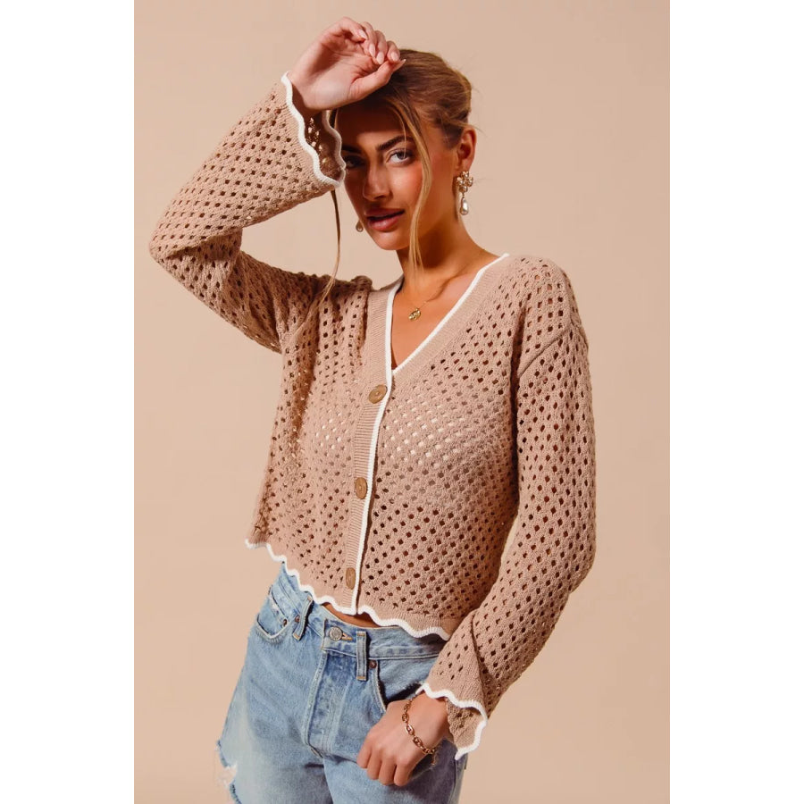 SO ME Open Knit Light Weight Sweater Cardigan With Contrast Wavy Scallop Edge Apparel and Accessories