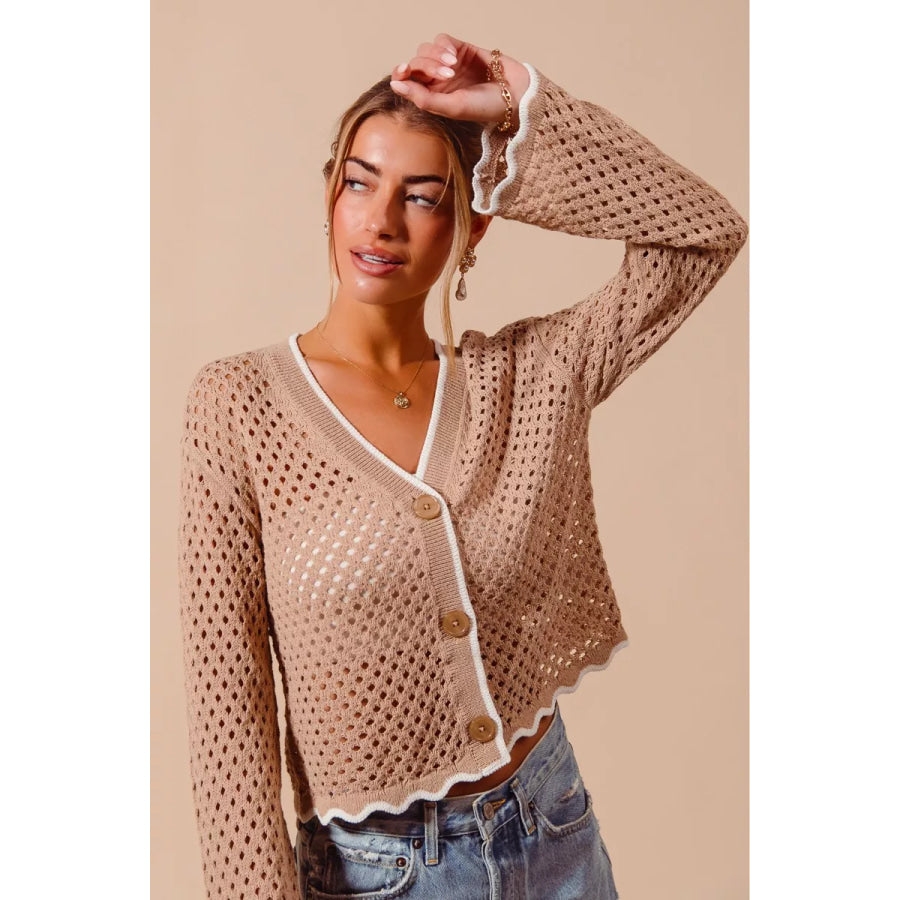 SO ME Open Knit Light Weight Sweater Cardigan With Contrast Wavy Scallop Edge Apparel and Accessories