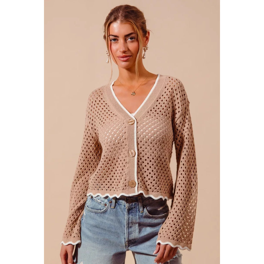 SO ME Open Knit Light Weight Sweater Cardigan With Contrast Wavy Scallop Edge Apparel and Accessories