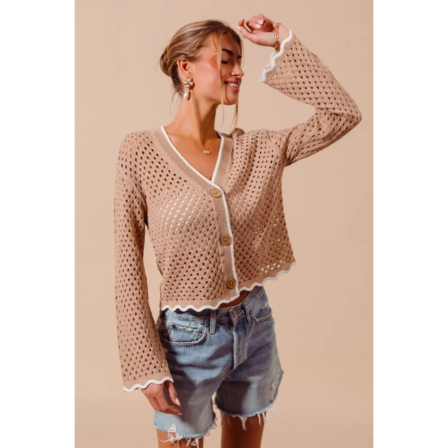 SO ME Open Knit Light Weight Sweater Cardigan With Contrast Wavy Scallop Edge Apparel and Accessories