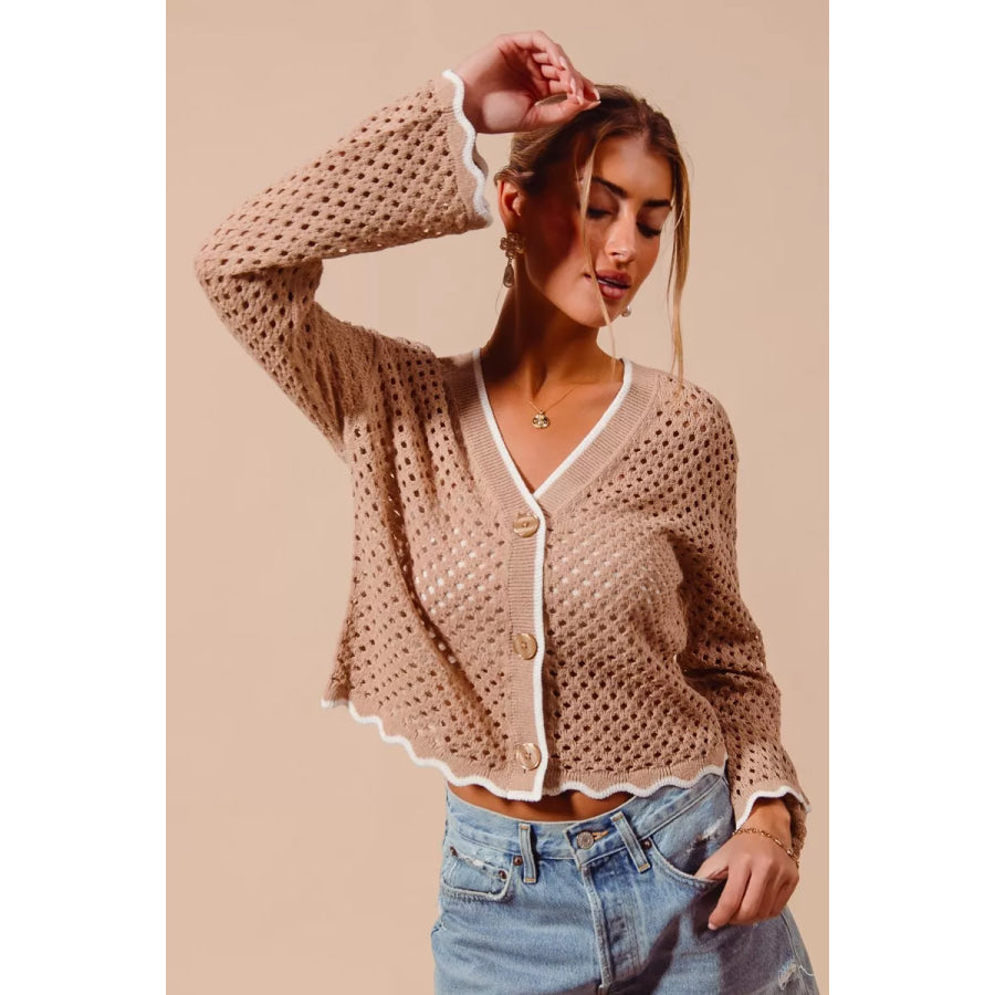 SO ME Open Knit Light Weight Sweater Cardigan With Contrast Wavy Scallop Edge Apparel and Accessories