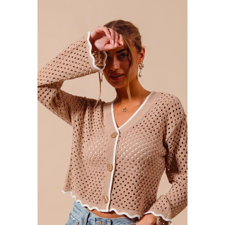 SO ME Open Knit Light Weight Sweater Cardigan With Contrast Wavy Scallop Edge Apparel and Accessories