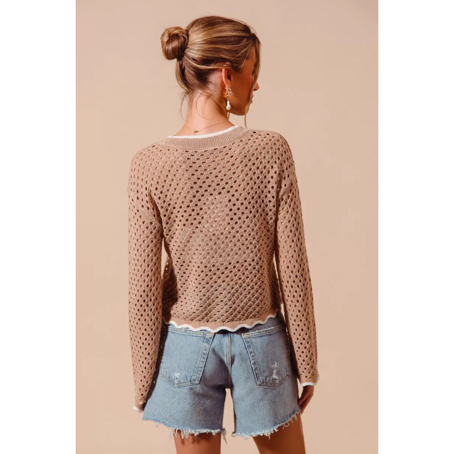 SO ME Open Knit Light Weight Sweater Cardigan With Contrast Wavy Scallop Edge Apparel and Accessories