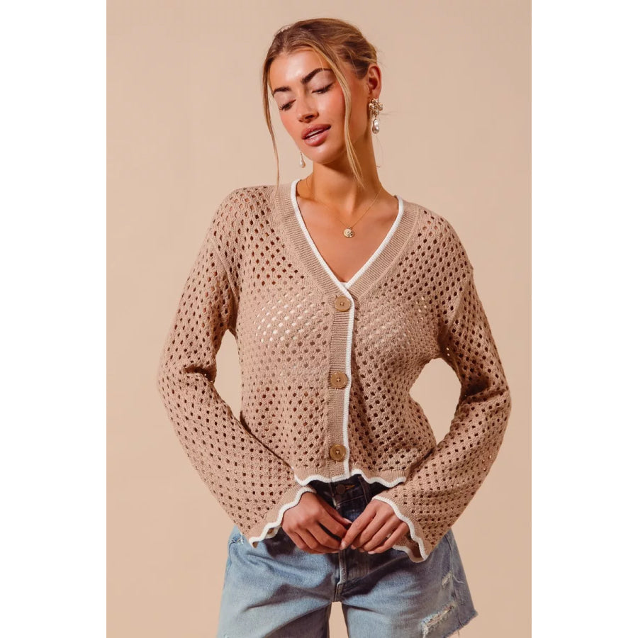 SO ME Open Knit Light Weight Sweater Cardigan With Contrast Wavy Scallop Edge Taupe/Ivory / S Apparel and Accessories