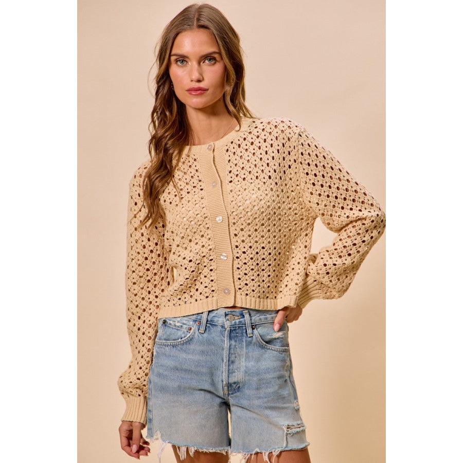SO ME Open Knitted Button Down Cardigan Sweater Top NATURAL / S Apparel and Accessories