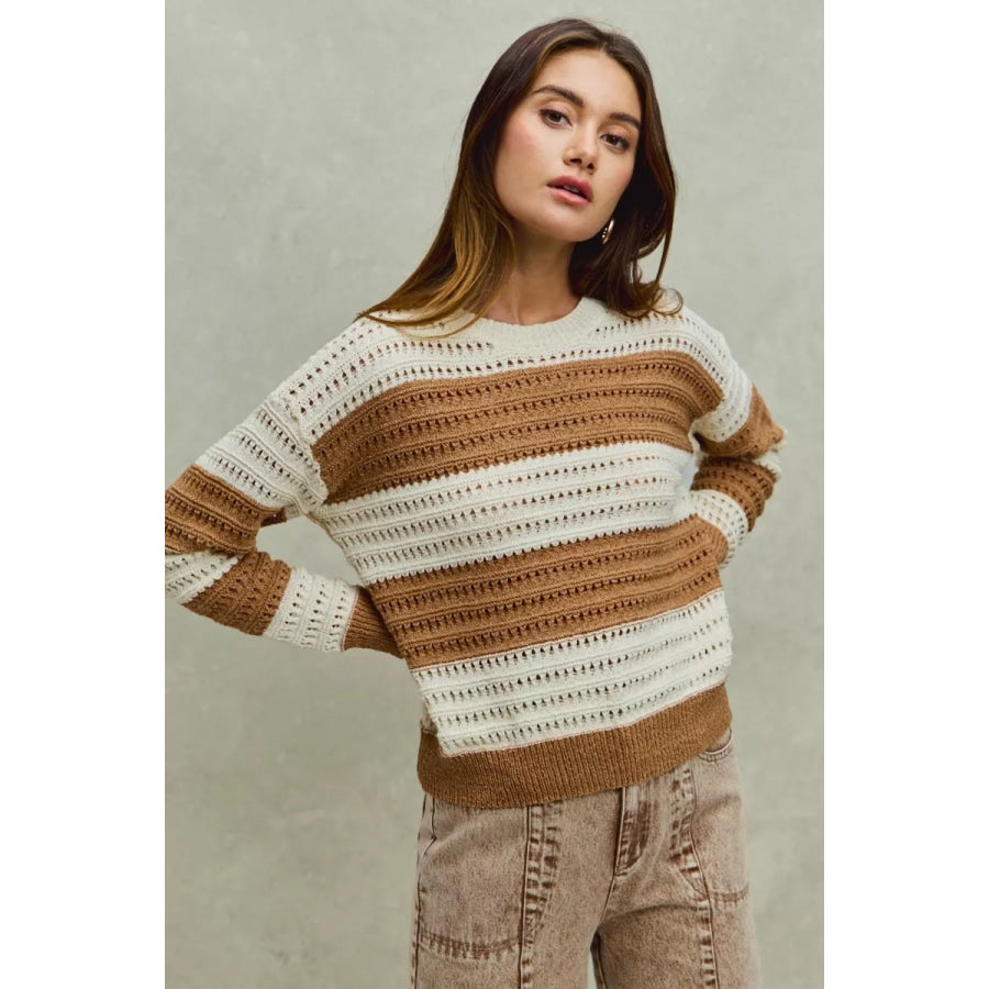 SO ME Openwork Round Neck Wide Stripe Textured Sweater Apparel and Accessories