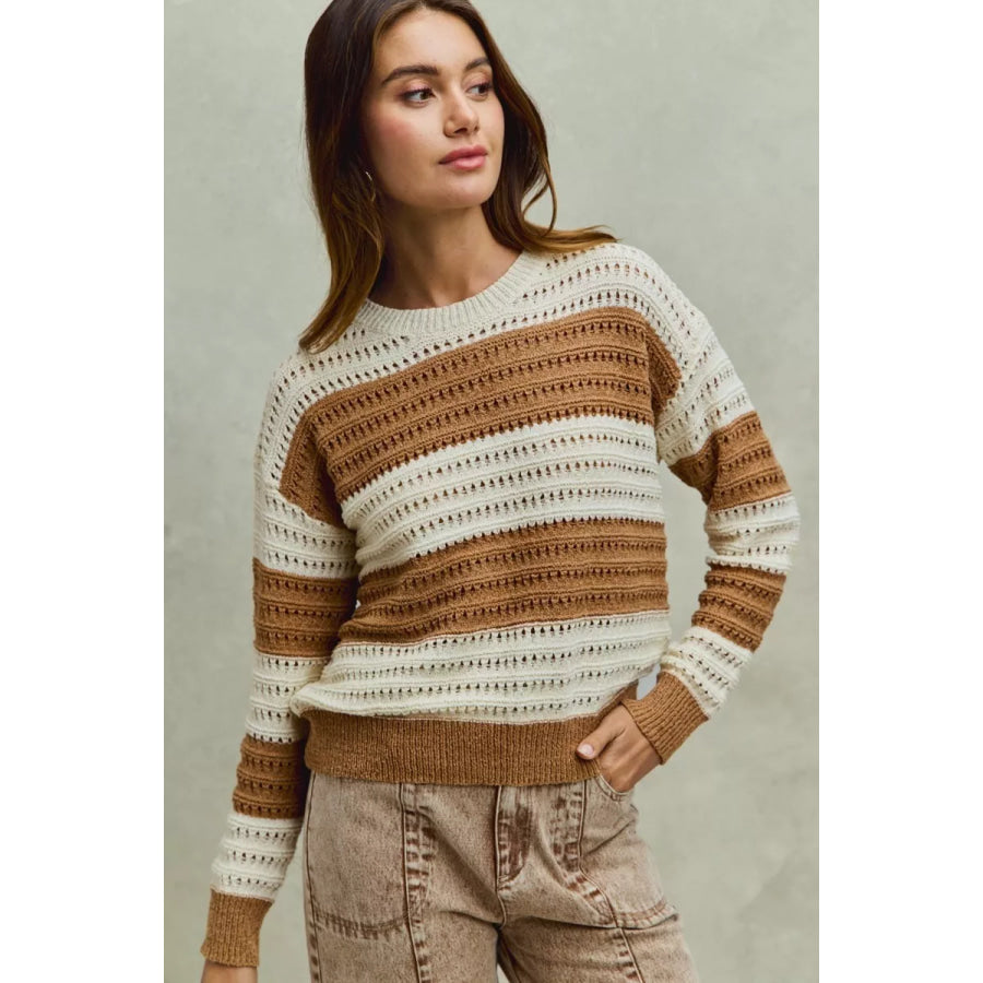 SO ME Openwork Round Neck Wide Stripe Textured Sweater Apparel and Accessories