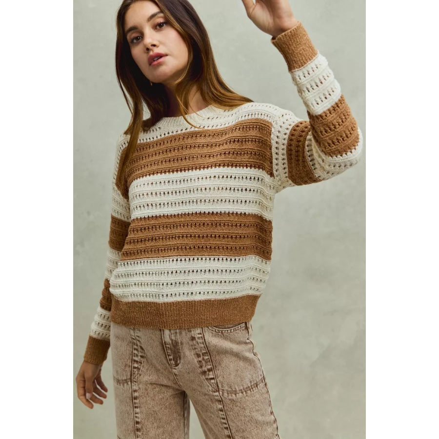 SO ME Openwork Round Neck Wide Stripe Textured Sweater Apparel and Accessories