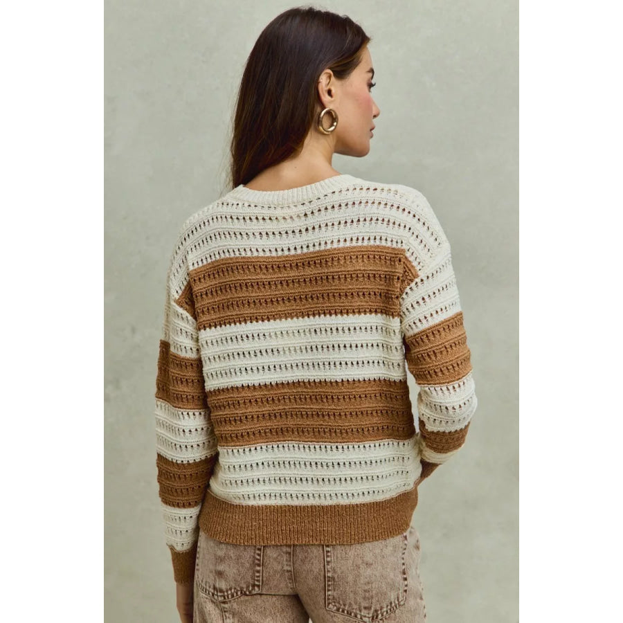 SO ME Openwork Round Neck Wide Stripe Textured Sweater Apparel and Accessories