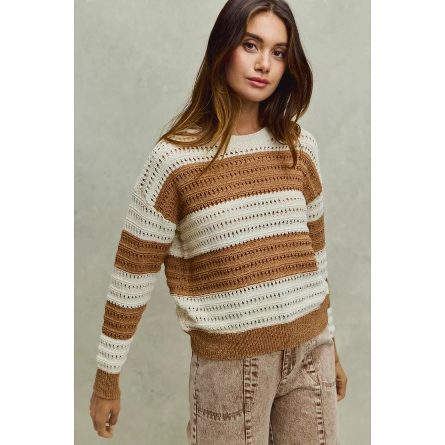 SO ME Openwork Round Neck Wide Stripe Textured Sweater Apparel and Accessories