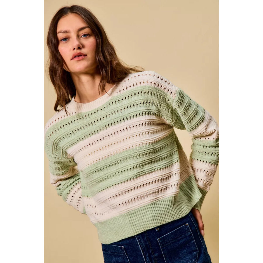 SO ME Openwork Round Neck Wide Stripe Textured Sweater Apparel and Accessories