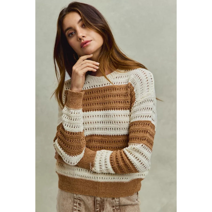 SO ME Openwork Round Neck Wide Stripe Textured Sweater Apparel and Accessories