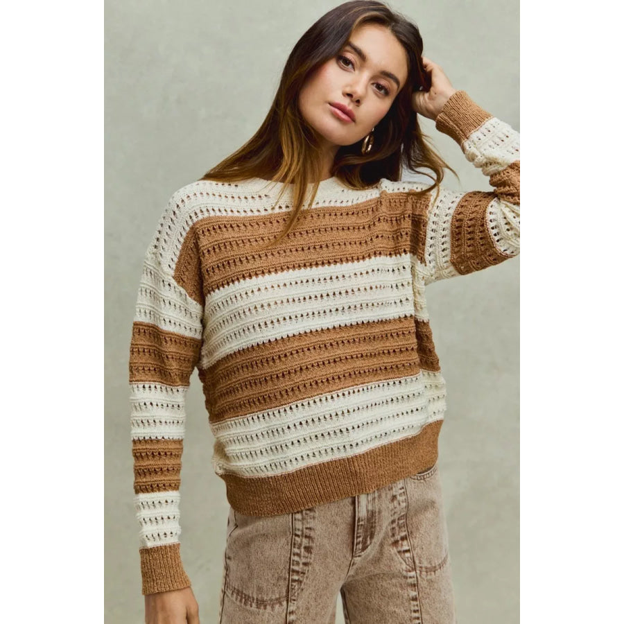 SO ME Openwork Round Neck Wide Stripe Textured Sweater Apparel and Accessories