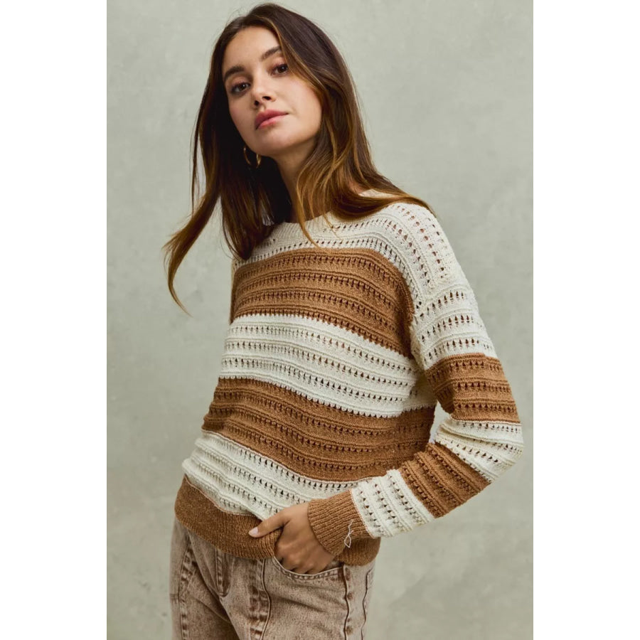 SO ME Openwork Round Neck Wide Stripe Textured Sweater Apparel and Accessories