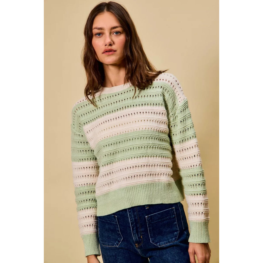 SO ME Openwork Round Neck Wide Stripe Textured Sweater Apparel and Accessories