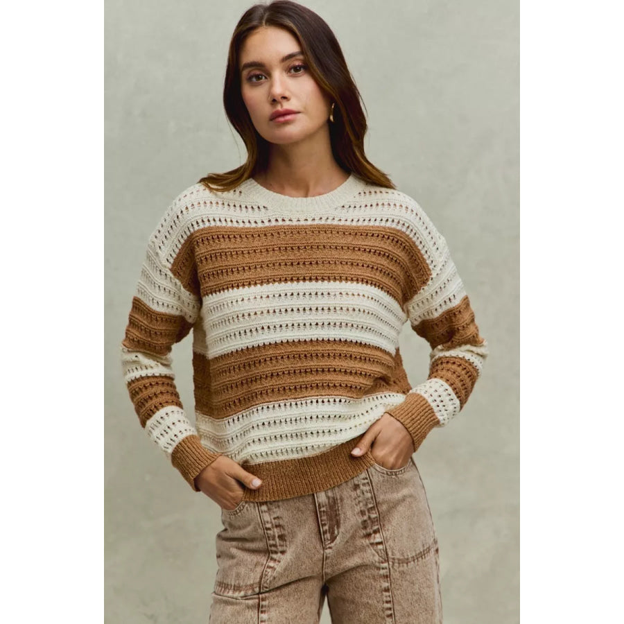 SO ME Openwork Round Neck Wide Stripe Textured Sweater CREAM/TAUPE / S Apparel and Accessories