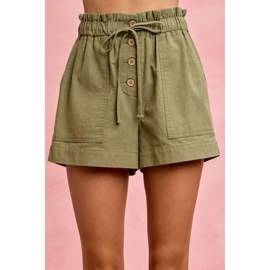 SO ME Paper Bag Patch Pocket Drawstring Twill Shorts OLIVE / S Apparel and Accessories