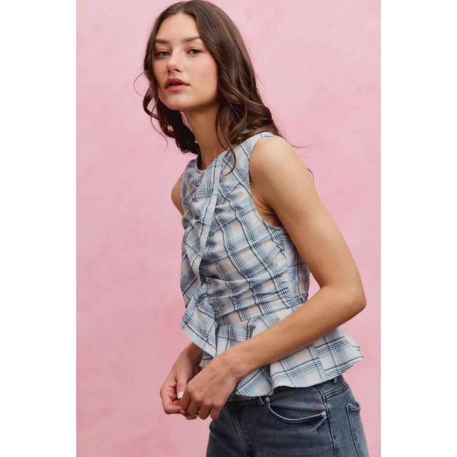 SO ME Plaid Sleeveless Ruffle Peplum Top BLUE / S Apparel and Accessories