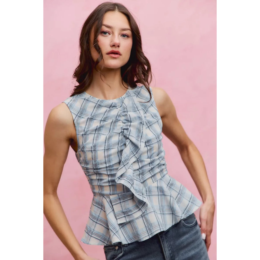 SO ME Plaid Sleeveless Ruffle Peplum Top Apparel and Accessories