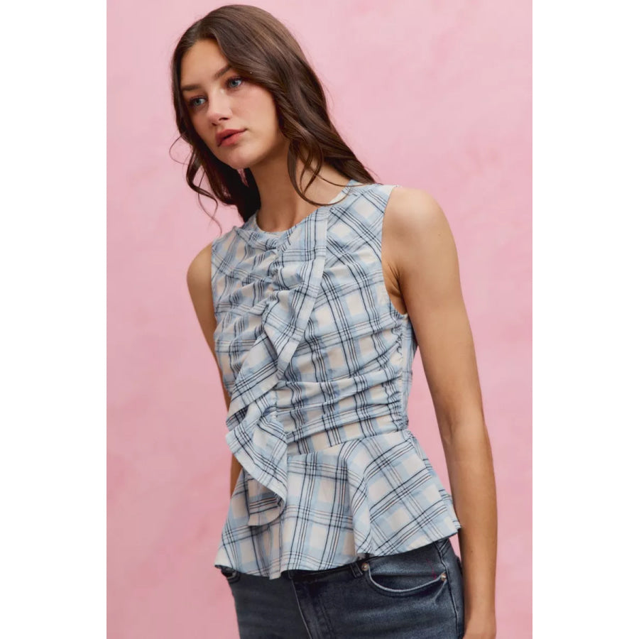 SO ME Plaid Sleeveless Ruffle Peplum Top Apparel and Accessories