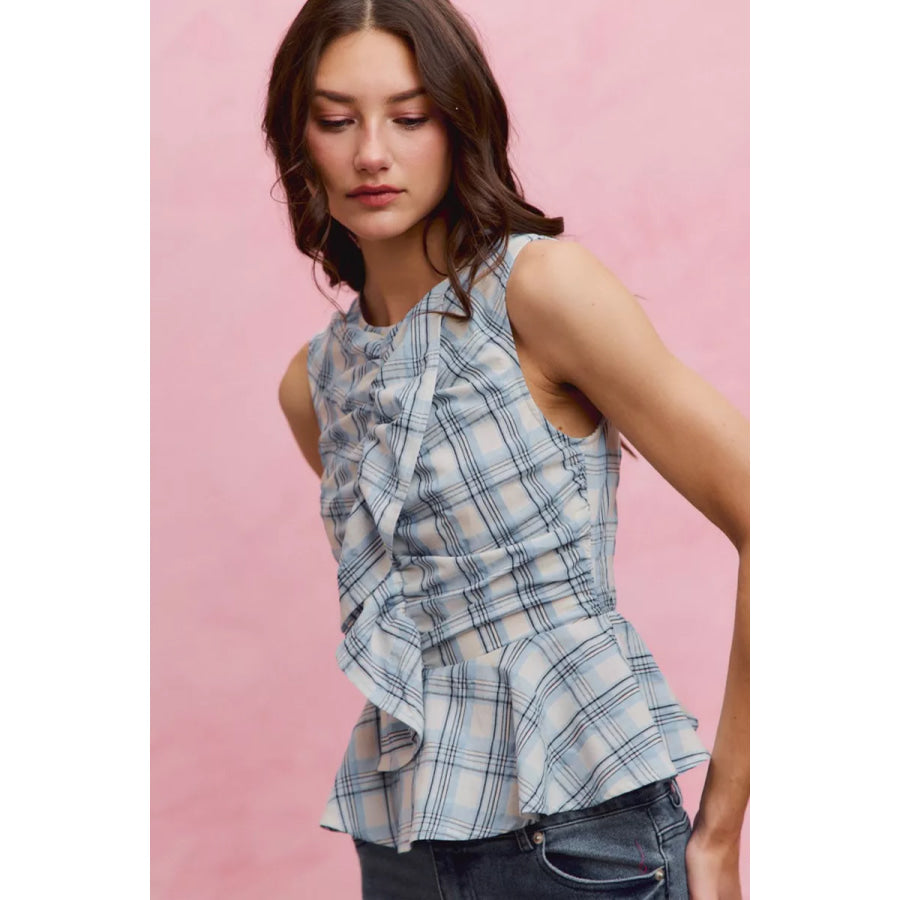 SO ME Plaid Sleeveless Ruffle Peplum Top Apparel and Accessories