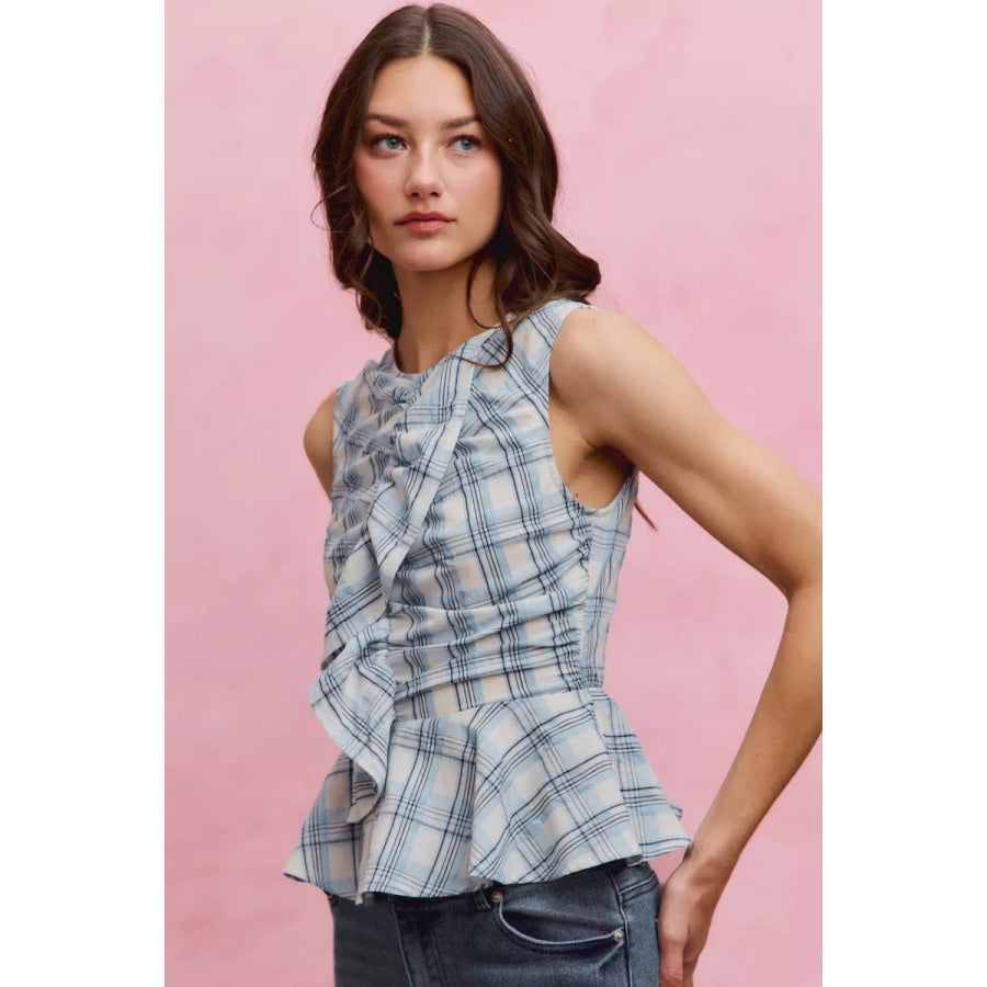 SO ME Plaid Sleeveless Ruffle Peplum Top Apparel and Accessories