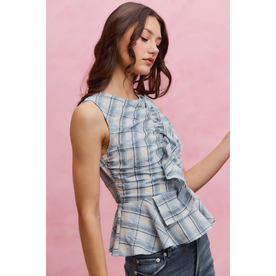 SO ME Plaid Sleeveless Ruffle Peplum Top Apparel and Accessories