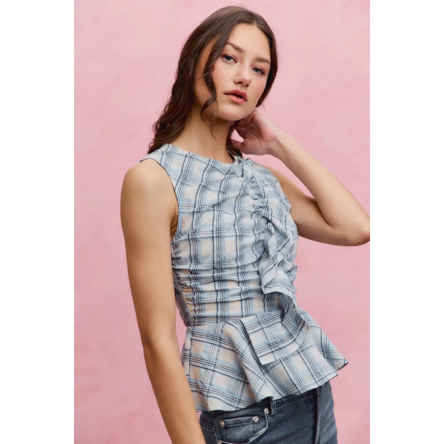 SO ME Plaid Sleeveless Ruffle Peplum Top Apparel and Accessories