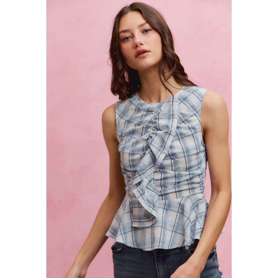 SO ME Plaid Sleeveless Ruffle Peplum Top Apparel and Accessories
