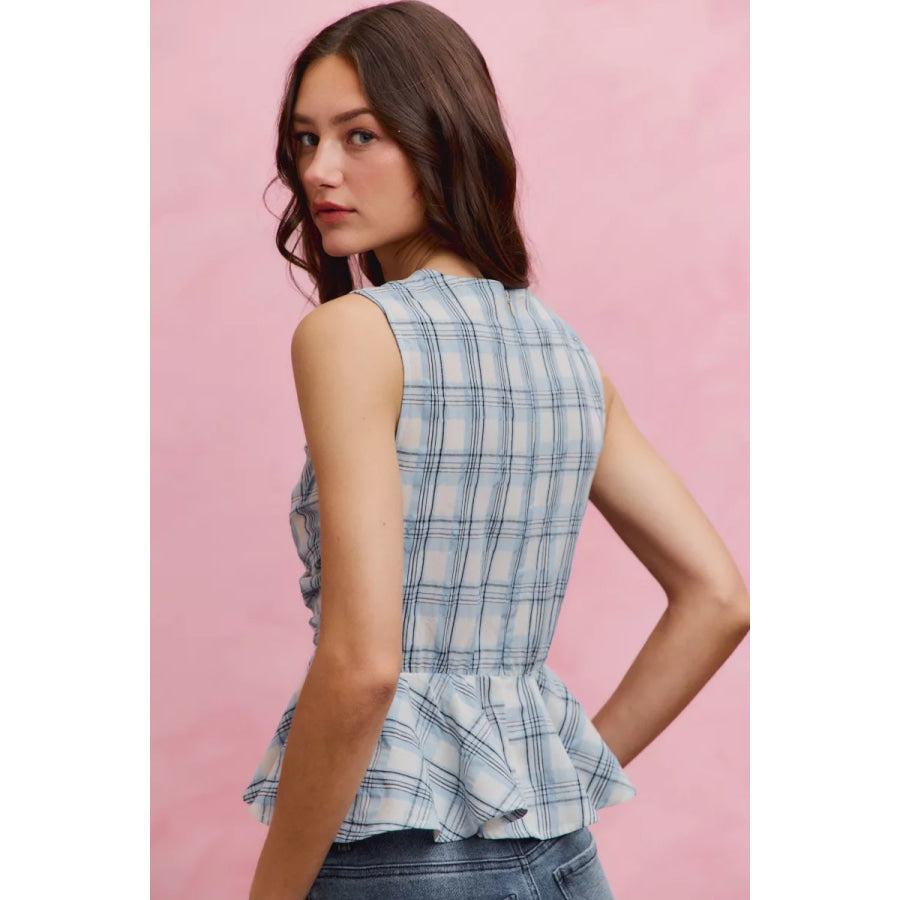 SO ME Plaid Sleeveless Ruffle Peplum Top Apparel and Accessories