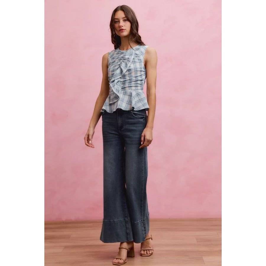 SO ME Plaid Sleeveless Ruffle Peplum Top Apparel and Accessories