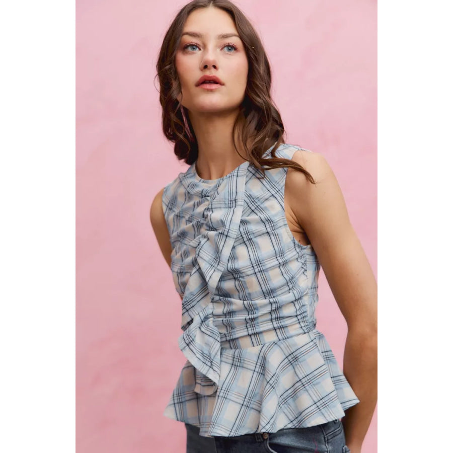 SO ME Plaid Sleeveless Ruffle Peplum Top Apparel and Accessories
