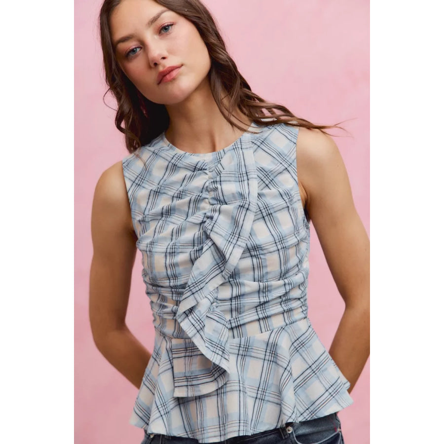 SO ME Plaid Sleeveless Ruffle Peplum Top Apparel and Accessories