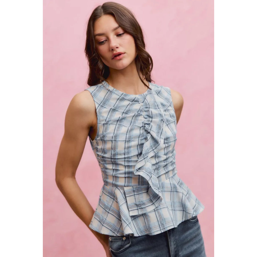 SO ME Plaid Sleeveless Ruffle Peplum Top BLUE / S Apparel and Accessories