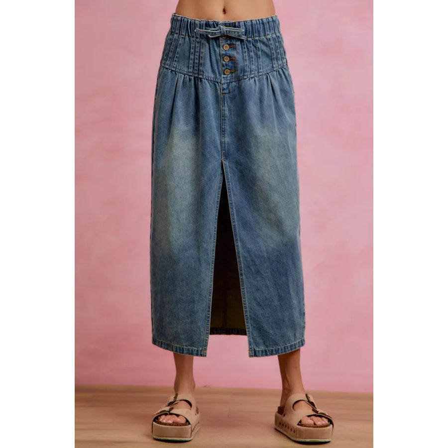 SO ME Pleated Washed Denim Skirt With Front Slit DENIM / S Apparel and Accessories