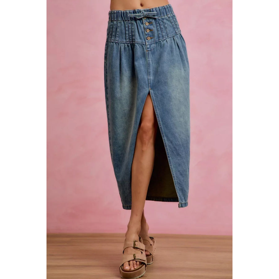 SO ME Pleated Washed Denim Skirt With Front Slit DENIM / S Apparel and Accessories